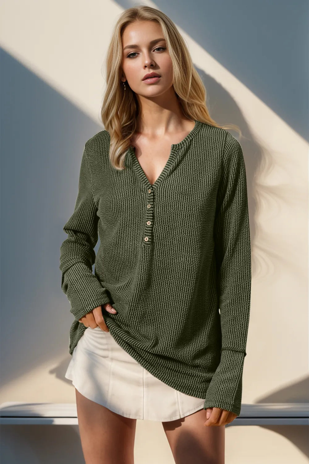 Double Take Full Size Notched Thumbhole Long Sleeve T-Shirt | STAHlin RADIANCE