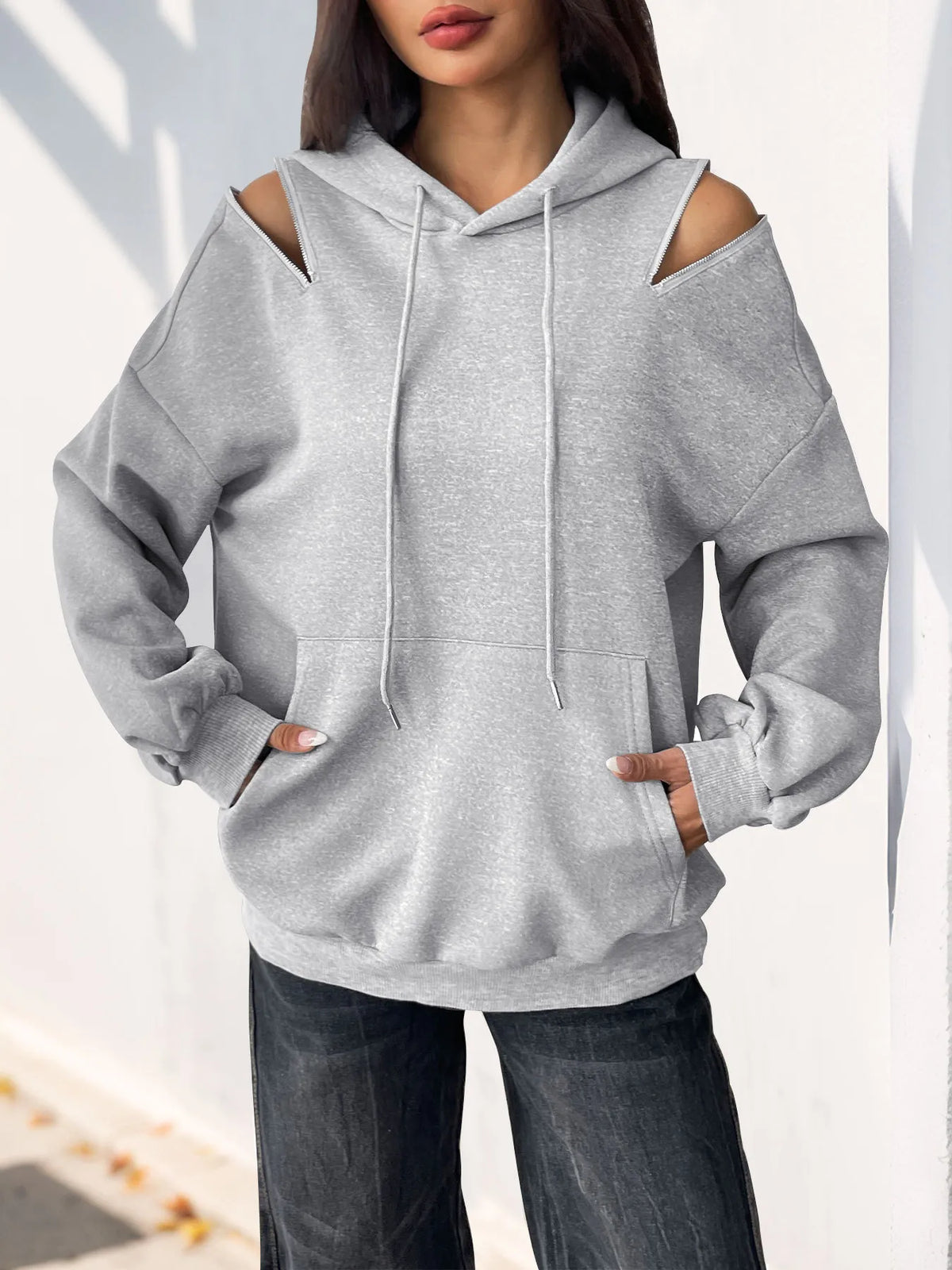 Drawstring Zip Detail Cold Shoulder Hoodie | STAHlin RADIANCE