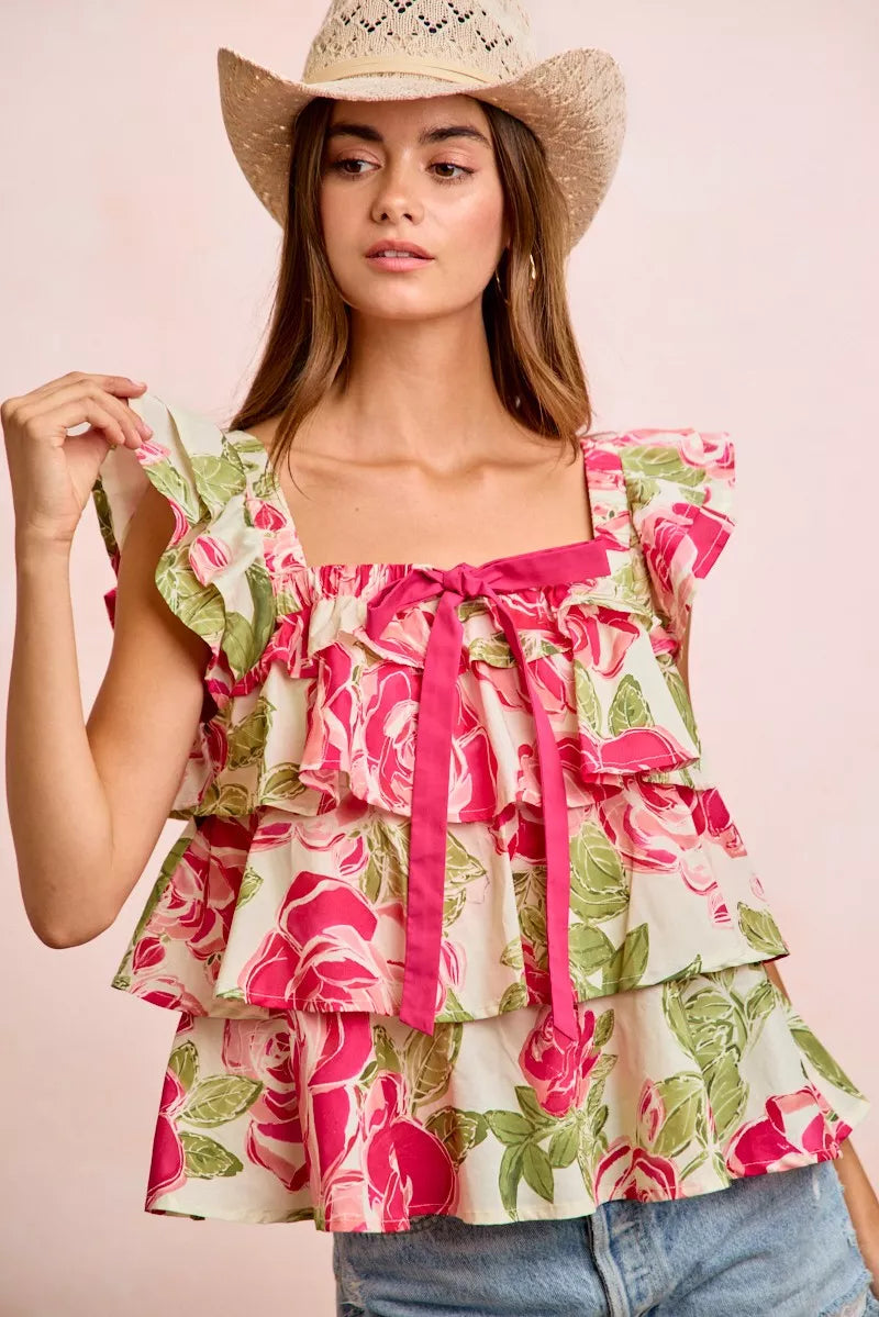 BiBi Floral Print Woven Bow Tie Ruffle Square Neck Top | STAHlin RADIANCE