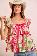 BiBi Floral Print Woven Bow Tie Ruffle Square Neck Top | STAHlin RADIANCE