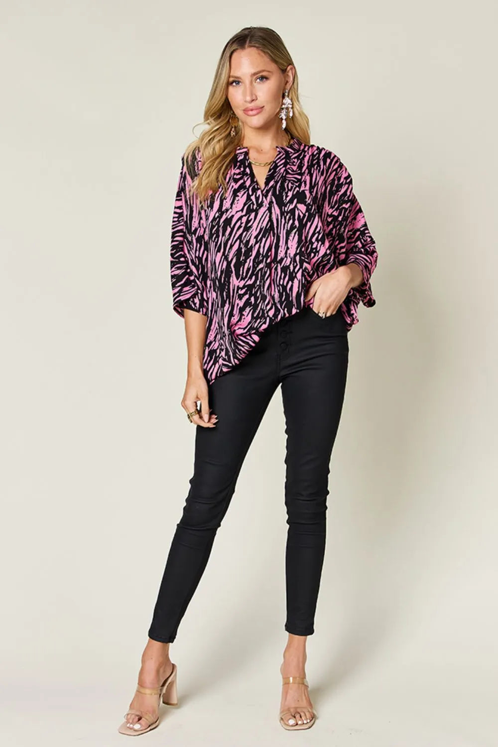 Double Take Full Size Printed Notched Three-Quarter Sleeve Blouse | STAHlin RADIANCE