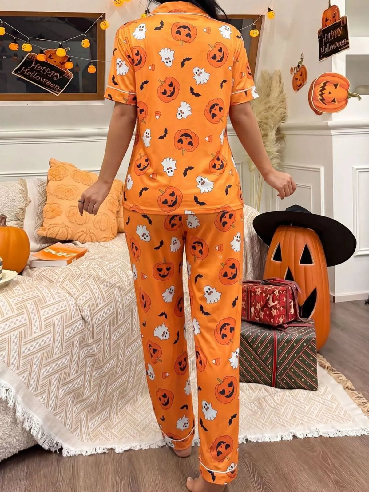Halloween Pumpkin Print Button-Down Top and Pants Set | STAHlin RADIANCE