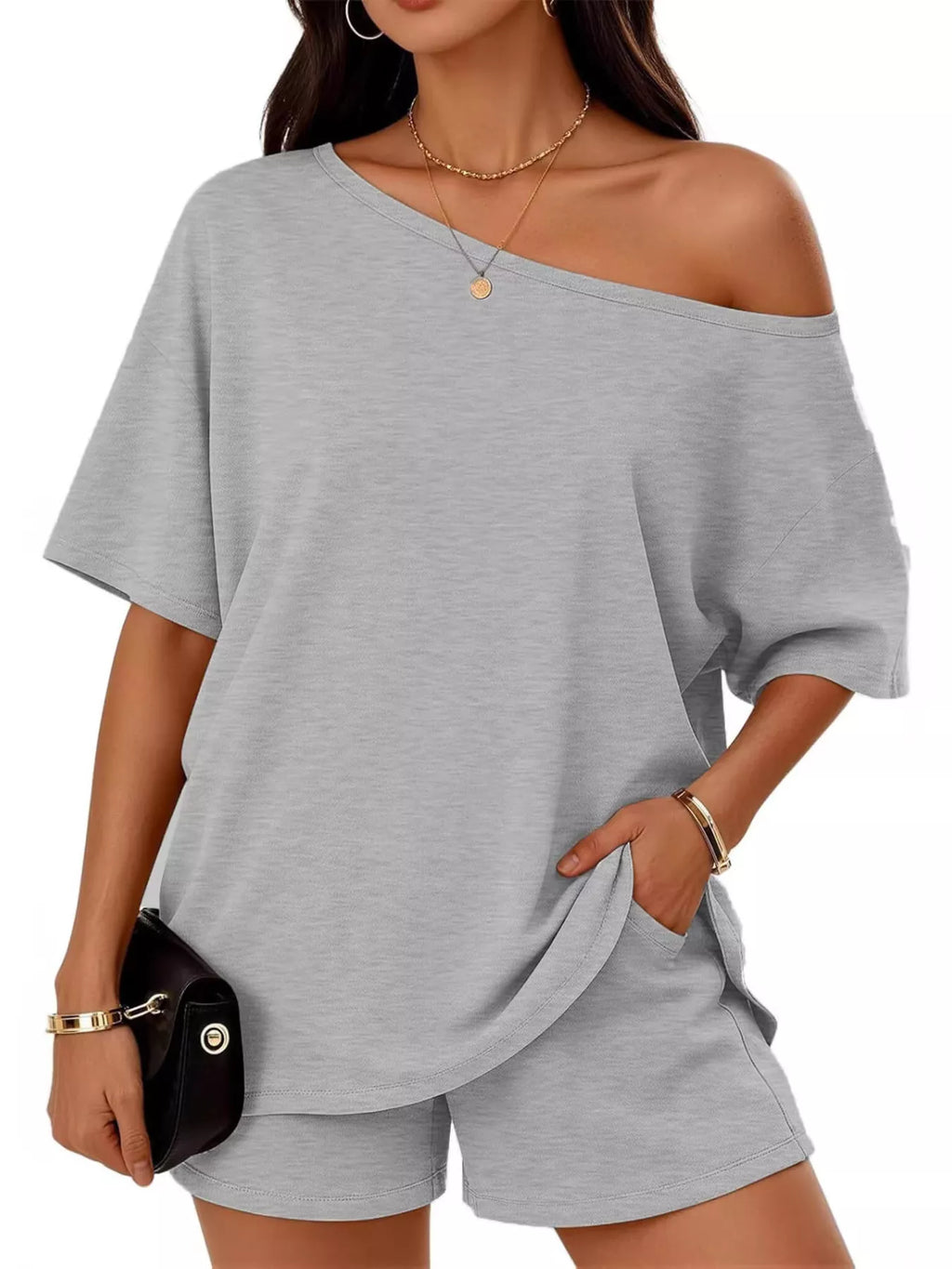 Full Size Boat Neck Tee and Shorts Set Plus Size | STAHlin RADIANCE