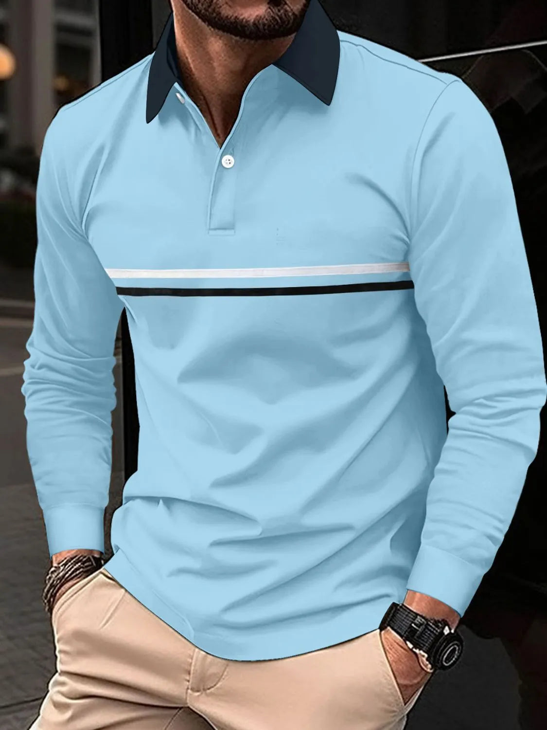 Men's Full Size Collared Neck Long Sleeve Polo Plus Size | STAHlin RADIANCE