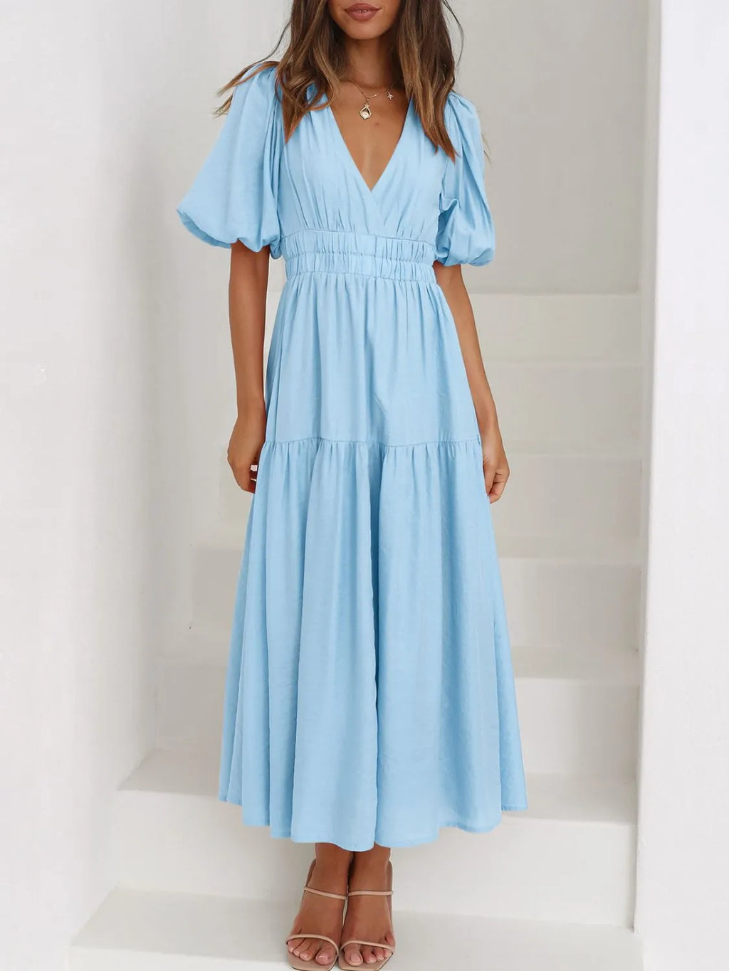 V-Neck Puff Sleeve Midi Dress | STAHlin RADIANCE