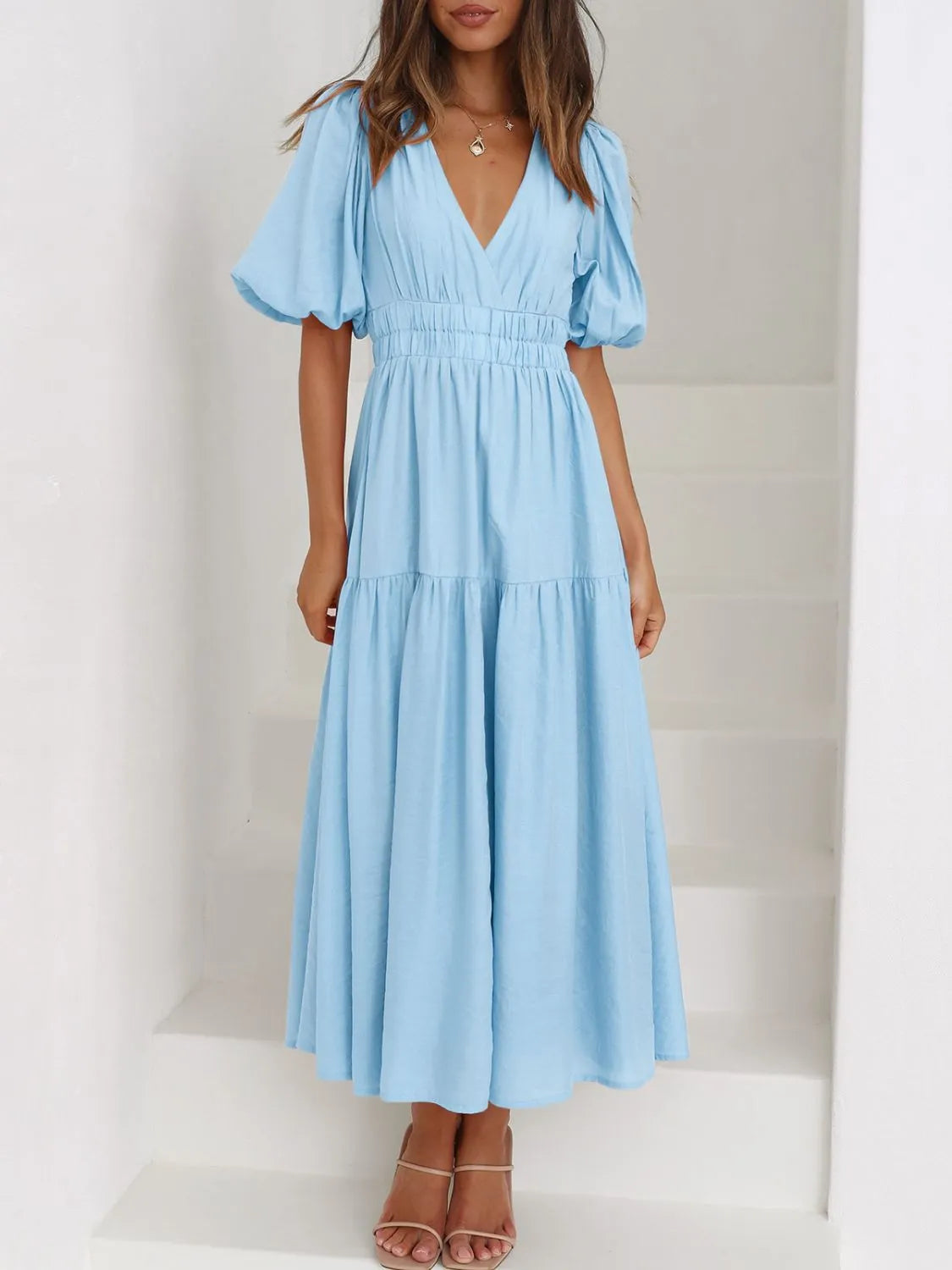 V-Neck Puff Sleeve Midi Dress | STAHlin RADIANCE