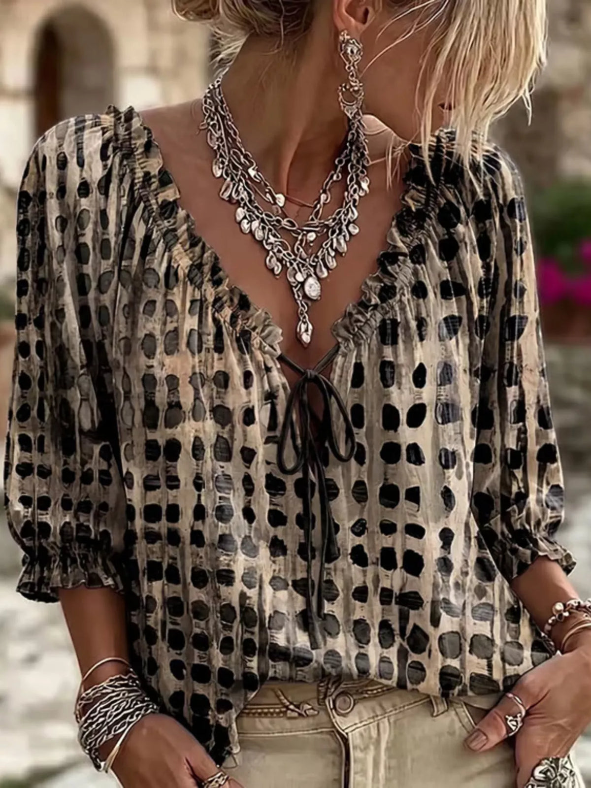 Full Size Tie Neck 3/4 Sleeve Blouse Plus Size | STAHlin RADIANCE