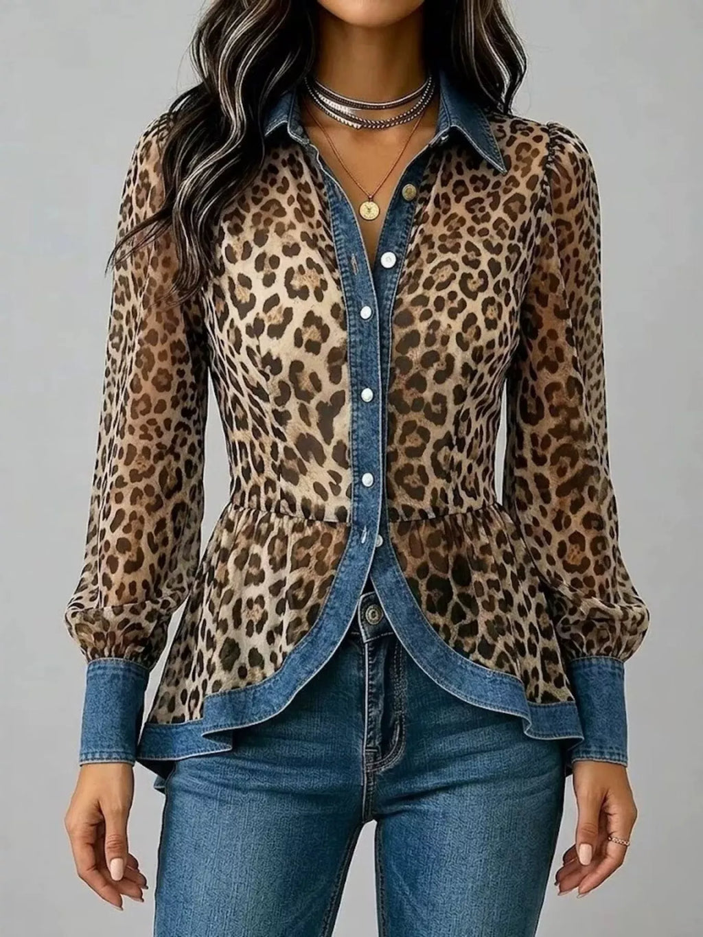 Full Size Leopard Print Blouse with Denim Contrast Trim Plus Size | STAHlin RADIANCE