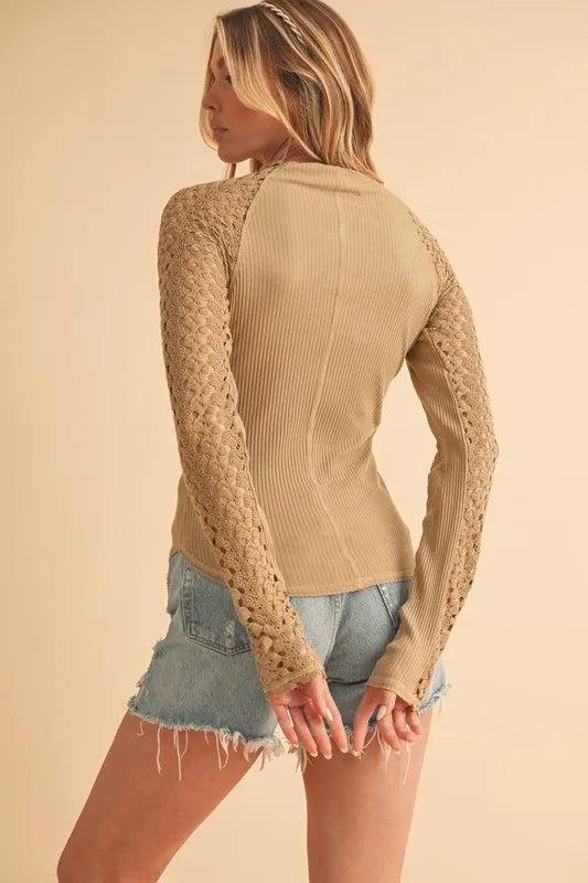 Aemi+Co Mock Neck Ribbed Knit Top with Crochet Sleeve | STAHlin RADIANCE
