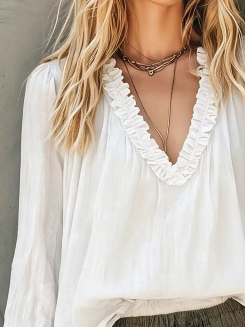 Frill V-Neck Long Sleeve Blouse | STAHlin RADIANCE