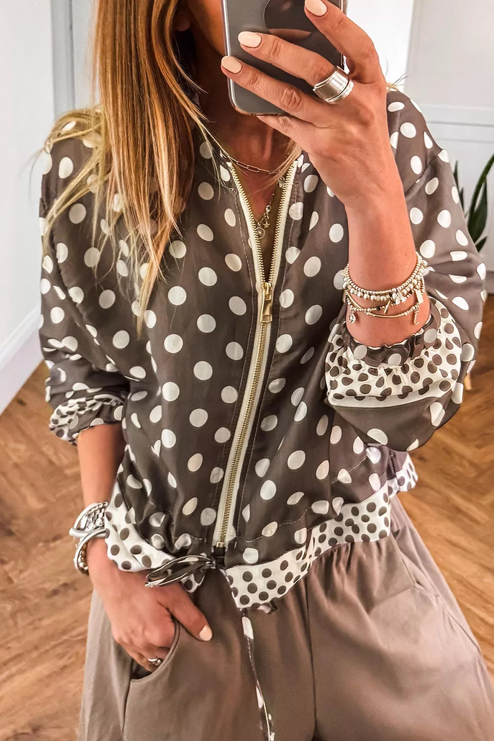 Polka Dot Contrast Detail Zip-Up Long Sleeve Shacket | STAHlin RADIANCE
