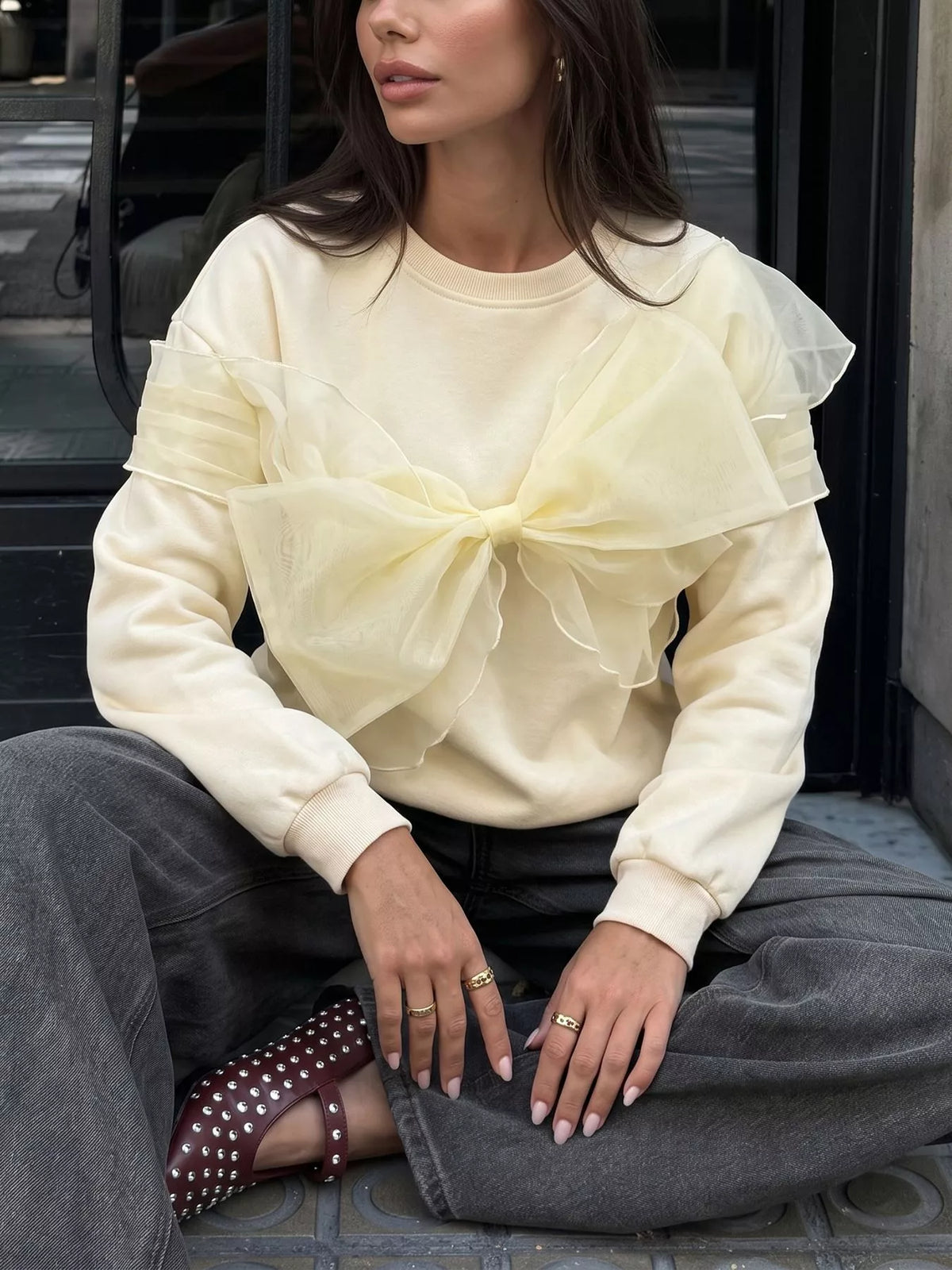 Bow Round Neck Long Sleeve Sweatshirt | STAHlin RADIANCE