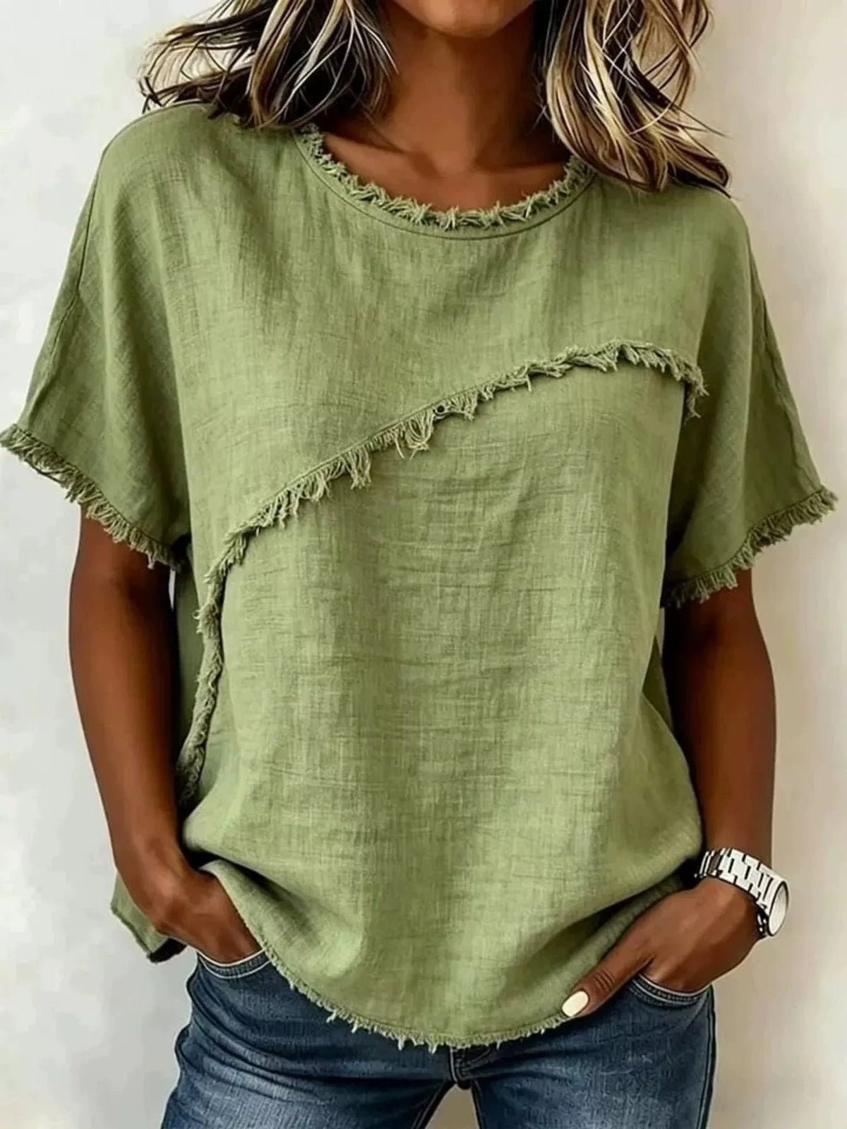 Full Size Frayed Hem Short Sleeve Top Plus Size | STAHlin RADIANCE