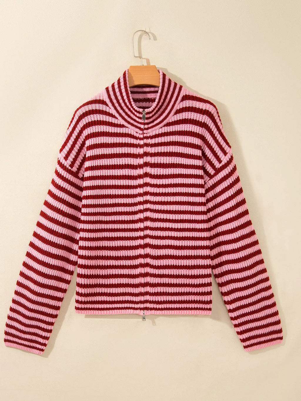 Striped High Neck Zip-up Sweater Long Sleeve Casual Fit Drop Shoulder Open Front Cardigan | STAHlin RADIANCE