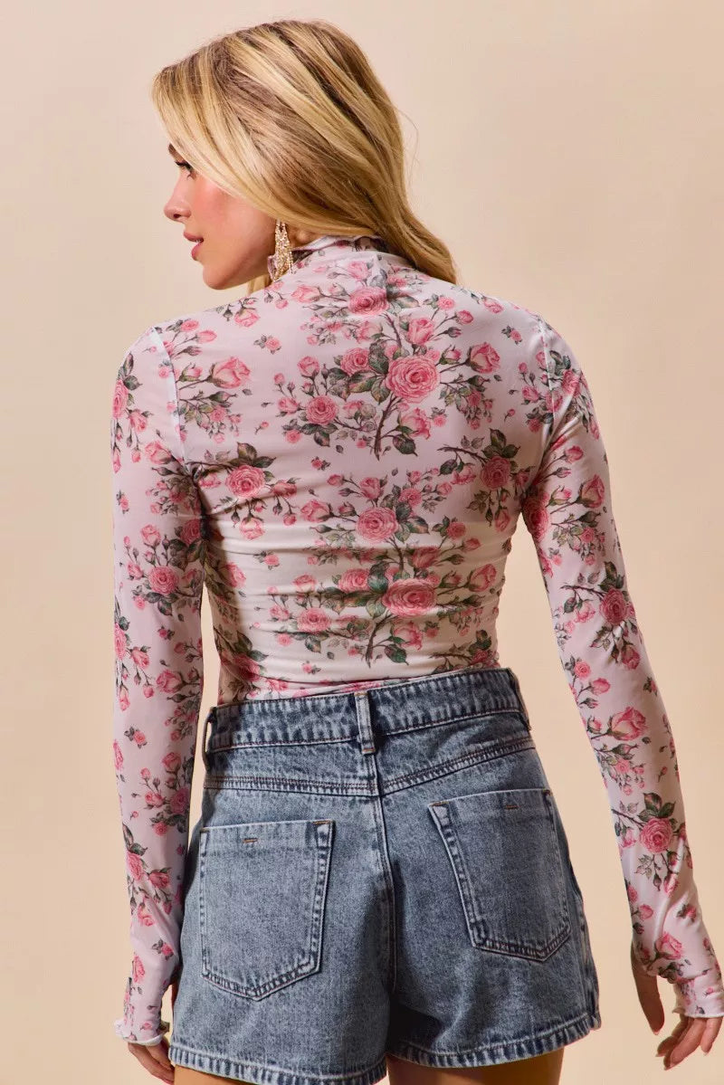SO ME Floral Rose Print Mesh Sheer Layering Top | STAHlin RADIANCE