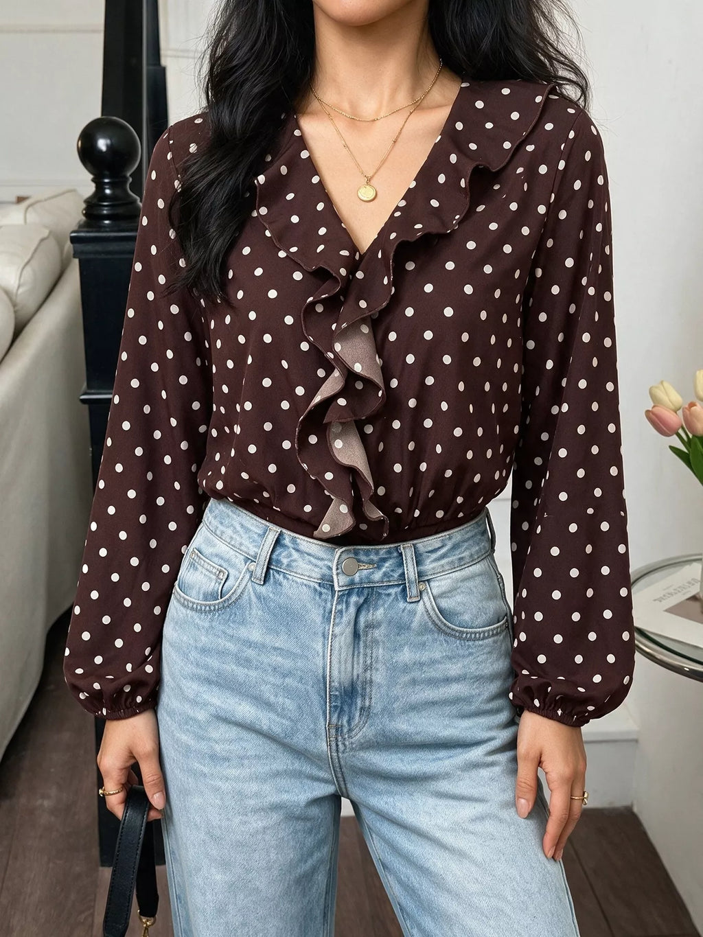 Polka Dot Ruffled V-Neck Bodysuit | STAHlin RADIANCE