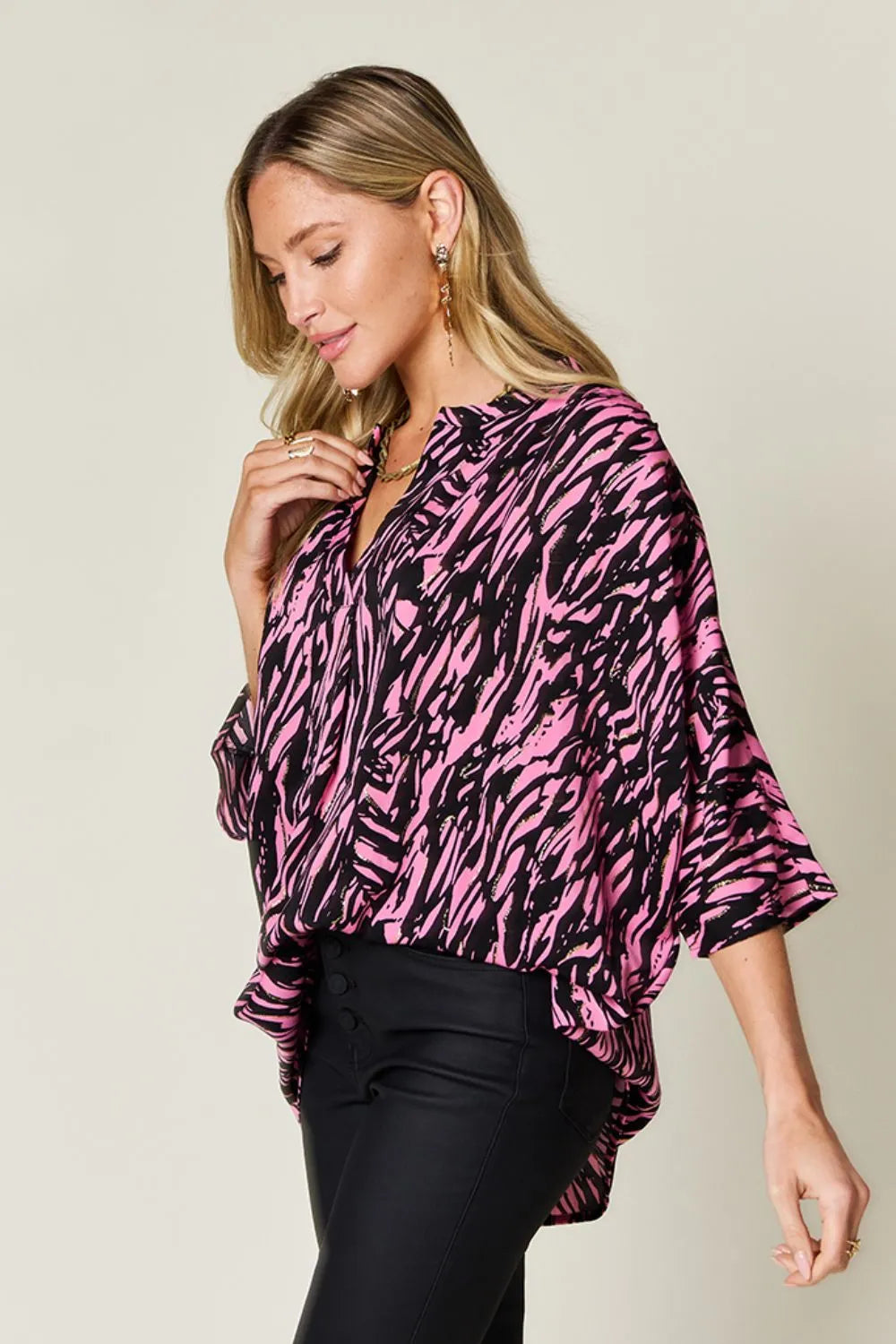Double Take Full Size Printed Notched Three-Quarter Sleeve Blouse | STAHlin RADIANCE