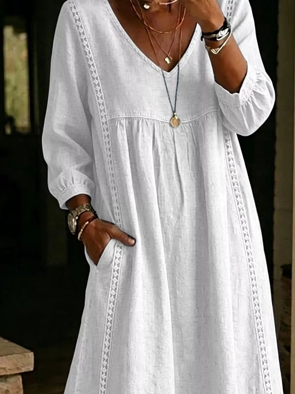 Full Size Lace Trim Long Sleeve Midi Dress Plus Size | STAHlin RADIANCE