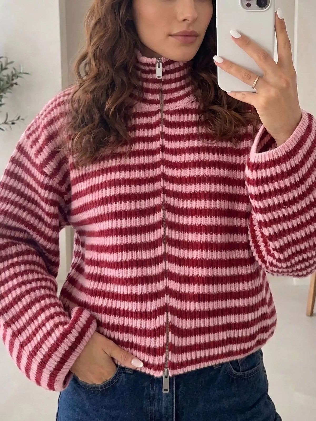 Striped High Neck Zip-up Sweater Long Sleeve Casual Fit Drop Shoulder Open Front Cardigan | STAHlin RADIANCE