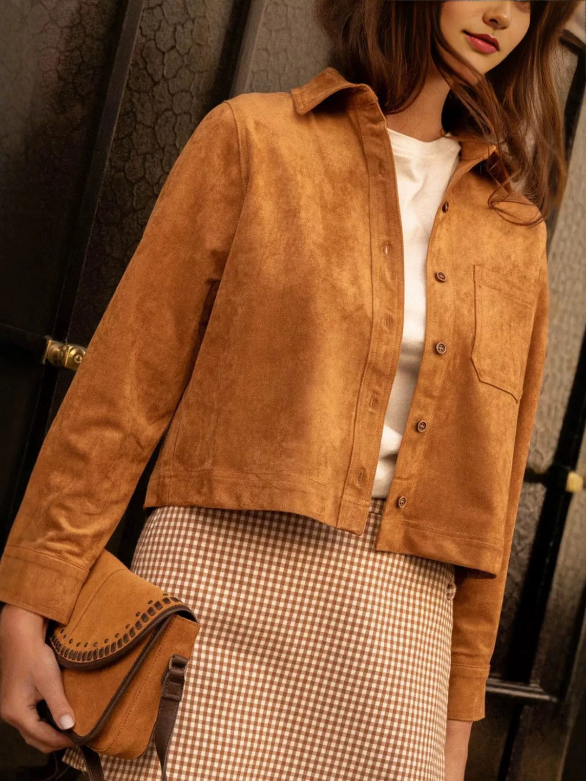 Cropped Faux Suede Button-Down Jacket | STAHlin RADIANCE
