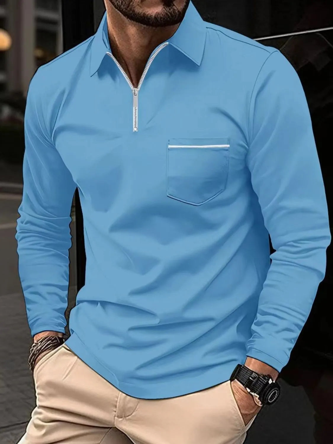 Men's Full Size Collared Neck Long Sleeve Polo Plus Size | STAHlin RADIANCE