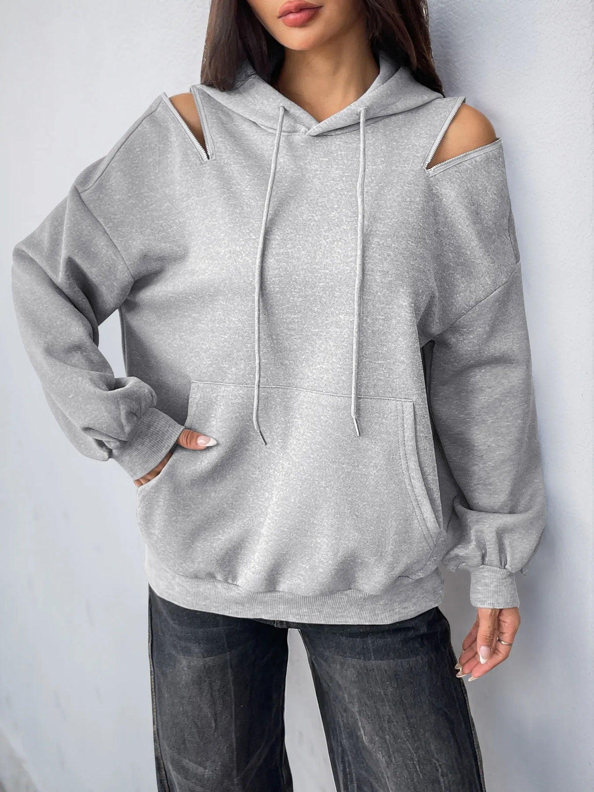 Drawstring Zip Detail Cold Shoulder Hoodie | STAHlin RADIANCE
