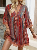 Lace Trim Printed V-Neck 3/4 Sleeve Dress | STAHlin RADIANCE