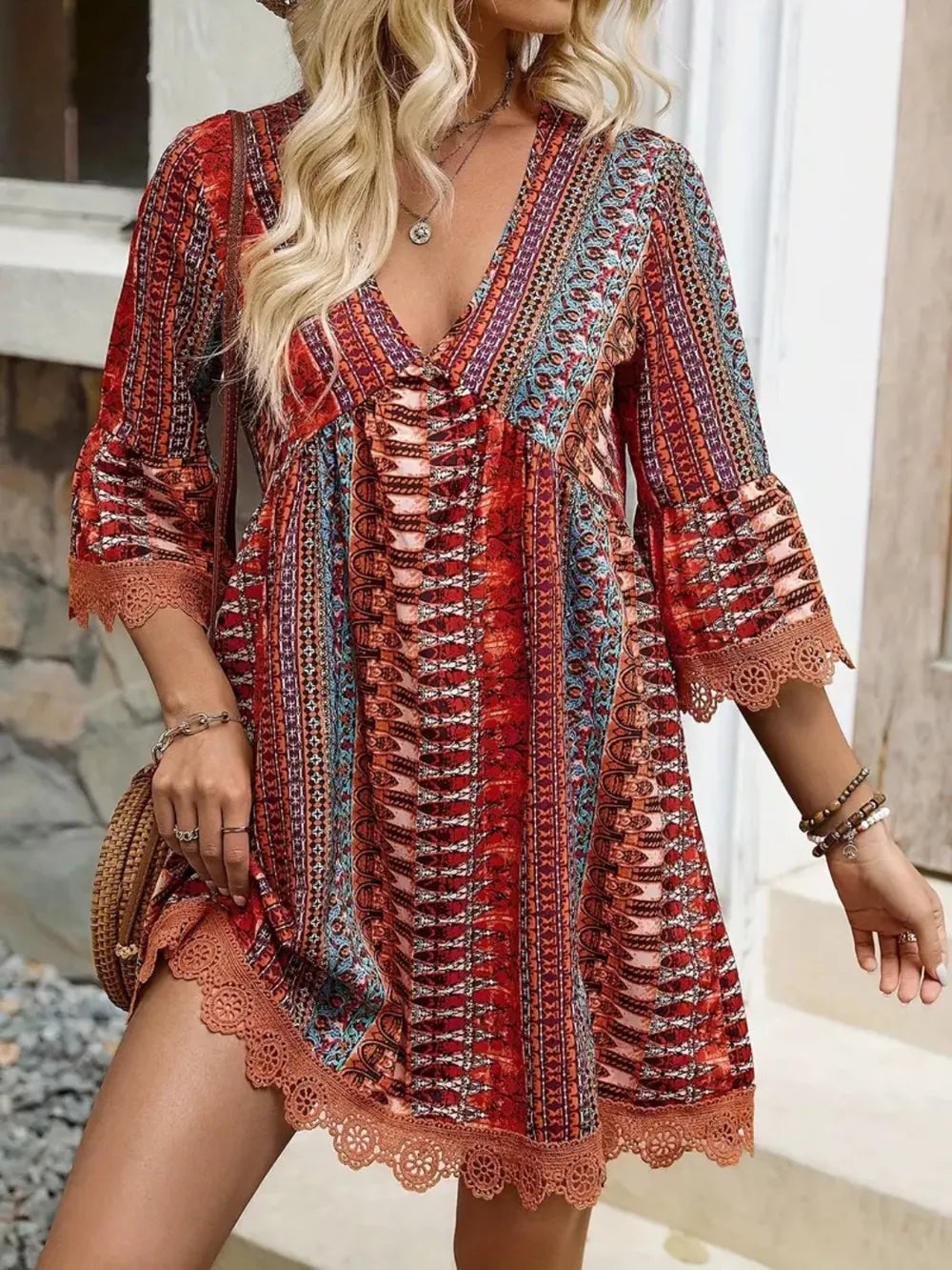 Lace Trim Printed V-Neck 3/4 Sleeve Dress | STAHlin RADIANCE