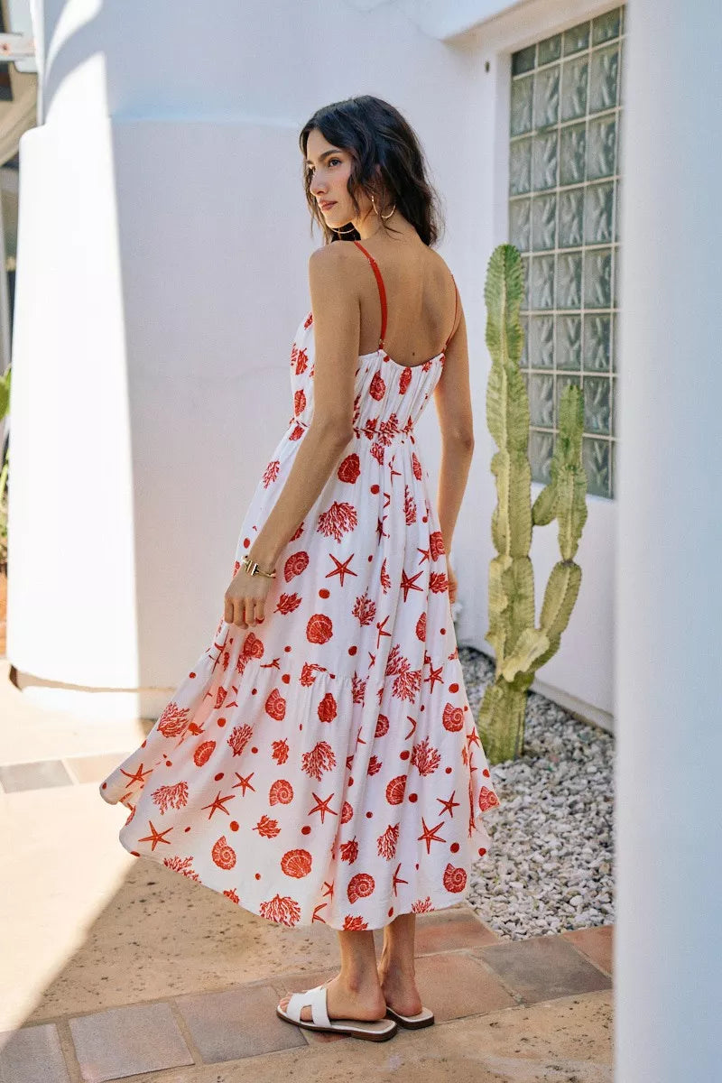 SO ME Shell Print Tiered Lined Midi Cami Dress With Belt | STAHlin RADIANCE
