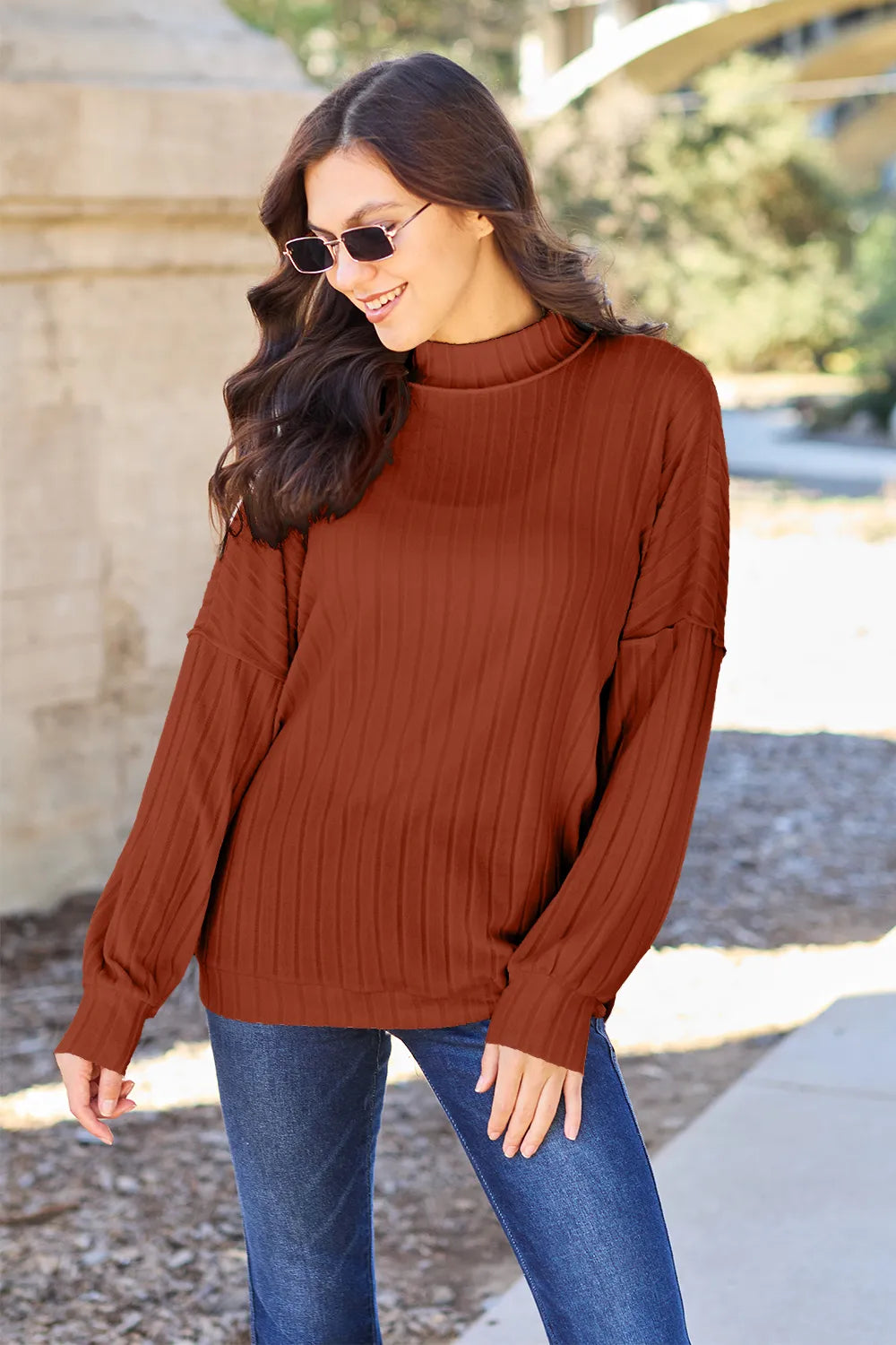Basic Bae Full Size Ribbed Exposed Seam Mock Neck Knit Top | STAHlin RADIANCE