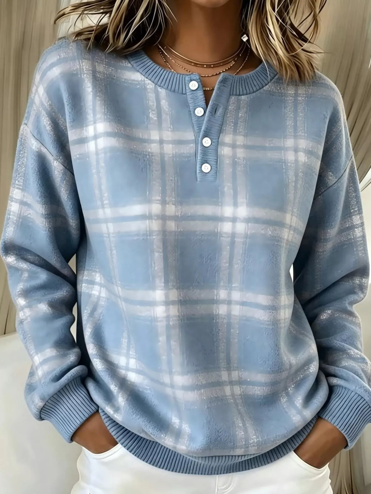 Full Size Plaid Button Detail Long Sleeve Sweatshirt Plus Size | STAHlin RADIANCE