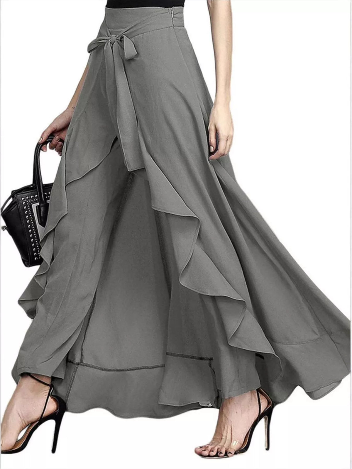 Full Size High-Waisted Tie-Front Ruffled Wide-Leg Pants Plus Size | STAHlin RADIANCE