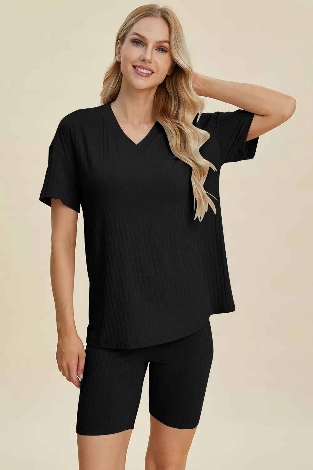 Basic Bae Full Size Ribbed V-Neck Short Sleeve Top and Shorts Set | STAHlin RADIANCE