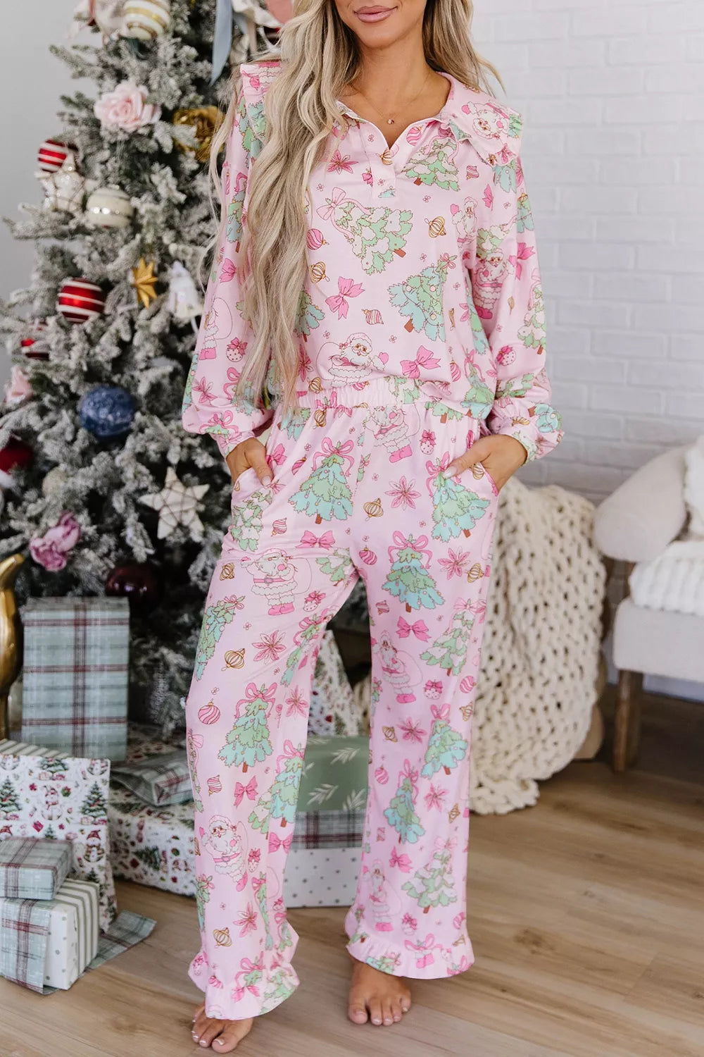 Christmas Print Button Front Long Sleeve Lounge Set | STAHlin RADIANCE