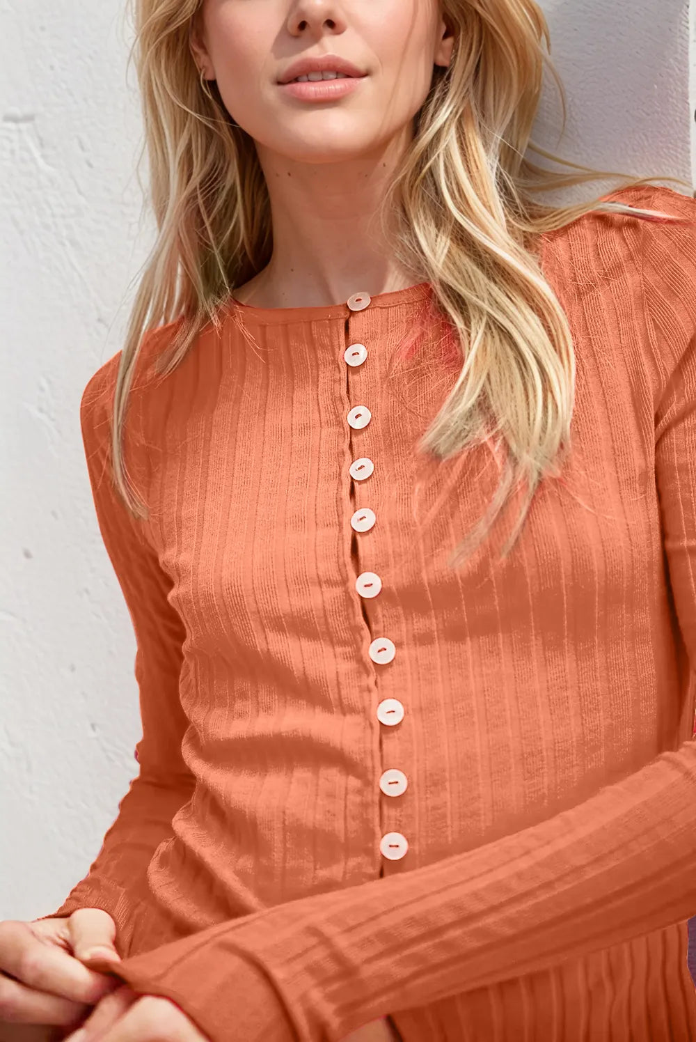 Basic Bae Texture Button Up Round Neck Long Sleeve Top | STAHlin RADIANCE