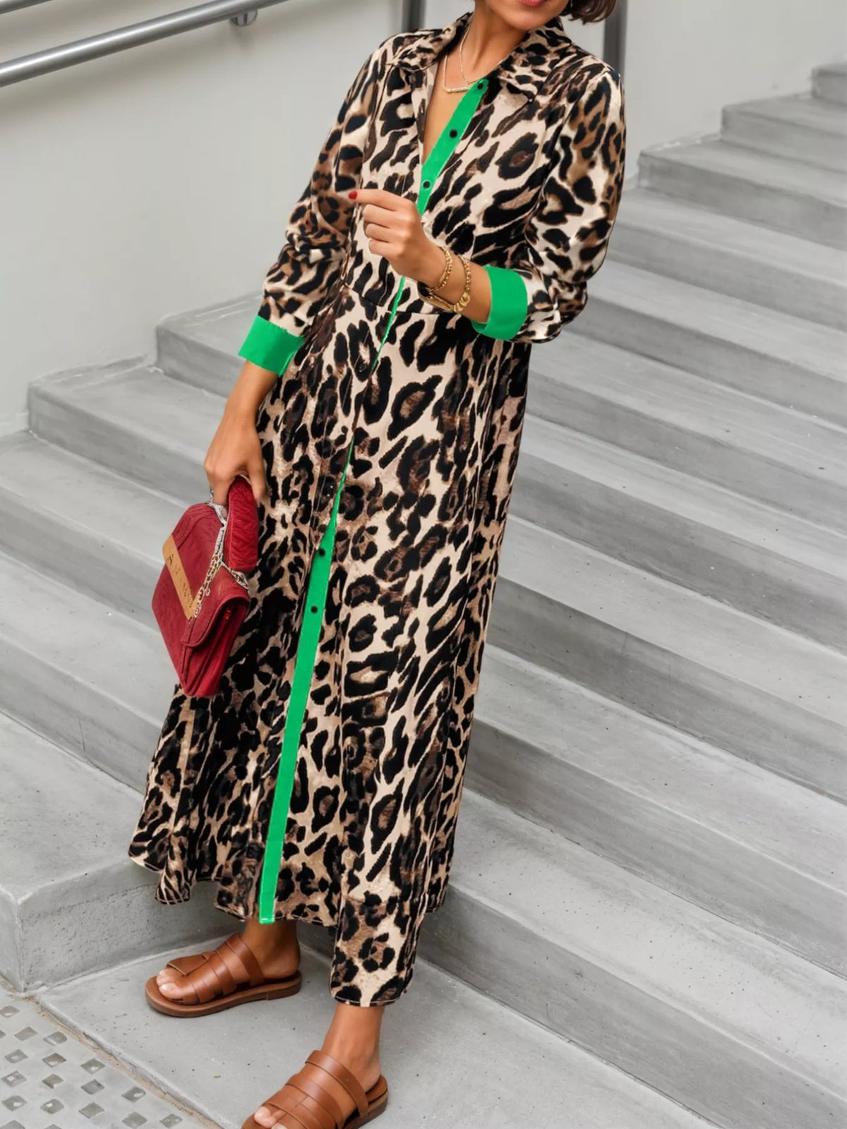 Leopard Print Long Sleeve Shirt Dress with Contrast Trim | STAHlin RADIANCE