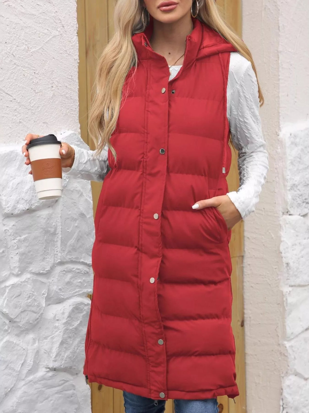 Full Size Snap Down Hooded Padded Longline Vest Coat Plus Size | STAHlin RADIANCE