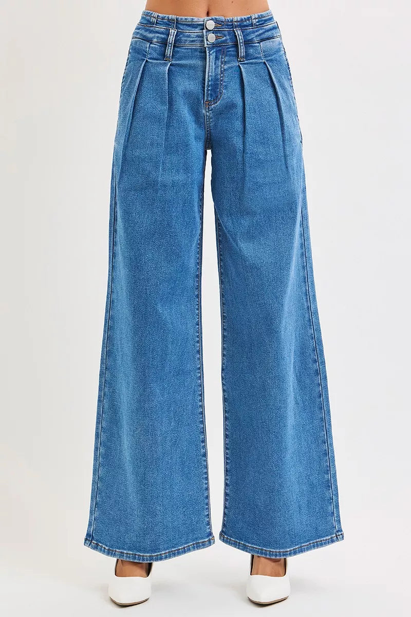 RISEN Full Size Mid Rise Fit Wide Leg with Pleated Detail Jeans Plus Size | STAHlin RADIANCE