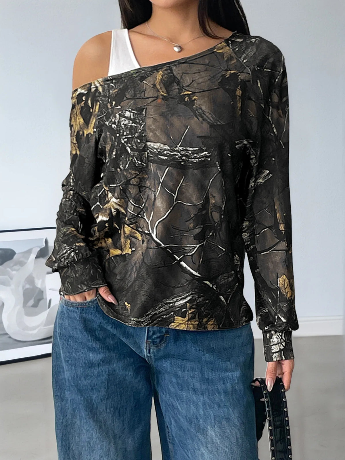 Asymmetrical Neck Printed Long Sleeve Top | STAHlin RADIANCE