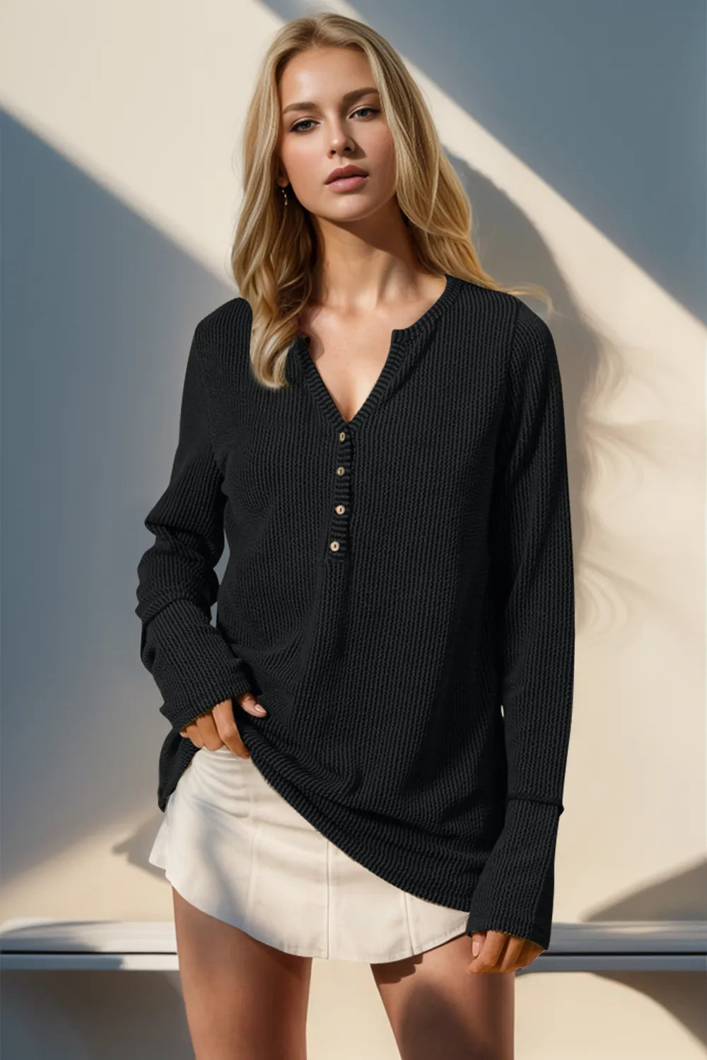 Double Take Full Size Notched Thumbhole Long Sleeve T-Shirt | STAHlin RADIANCE