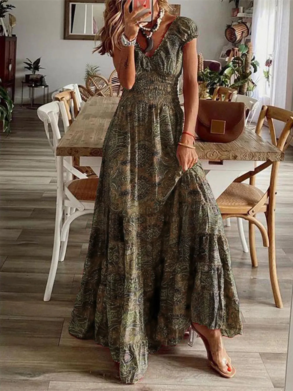 Full Size Smocked Printed V-Neck Short Sleeve Dress | STAHlin RADIANCE