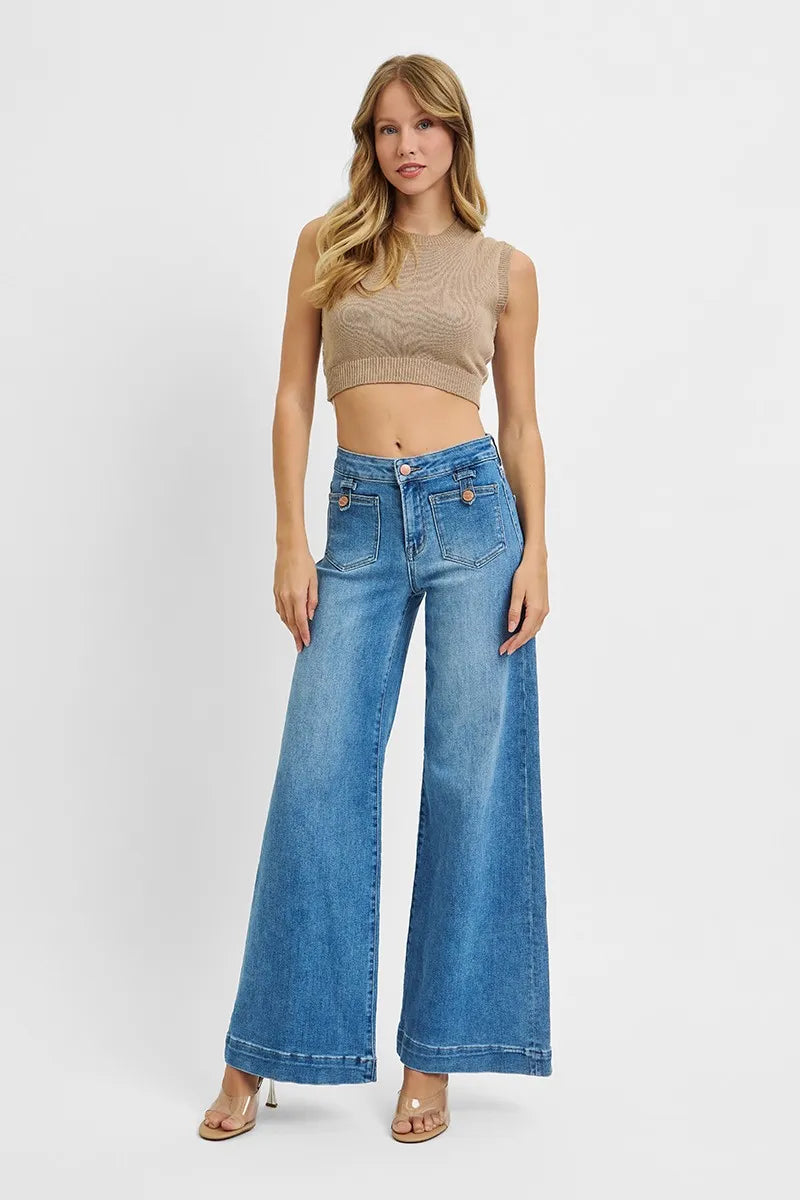 RISEN Full Size Mid Rise Wide Front Patch Pocket Jeans Plus Size | STAHlin RADIANCE