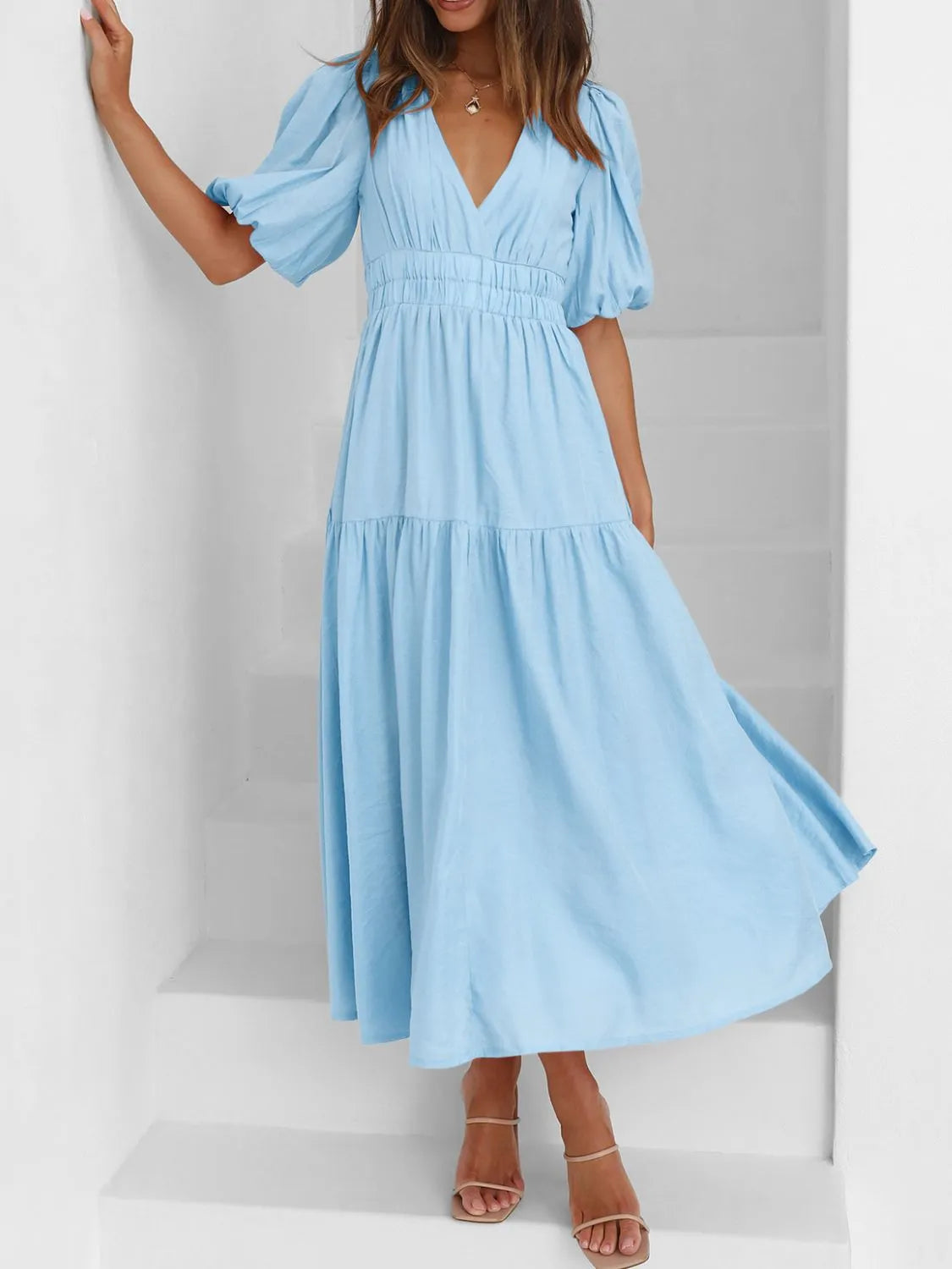 V-Neck Puff Sleeve Midi Dress | STAHlin RADIANCE