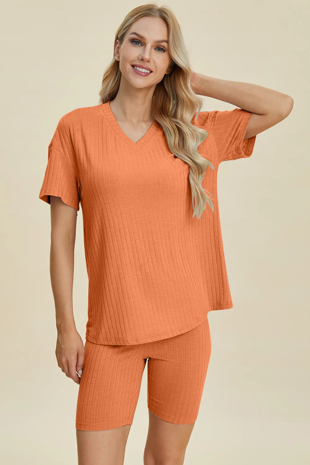 Basic Bae Full Size Ribbed V-Neck Short Sleeve Top and Shorts Set | STAHlin RADIANCE