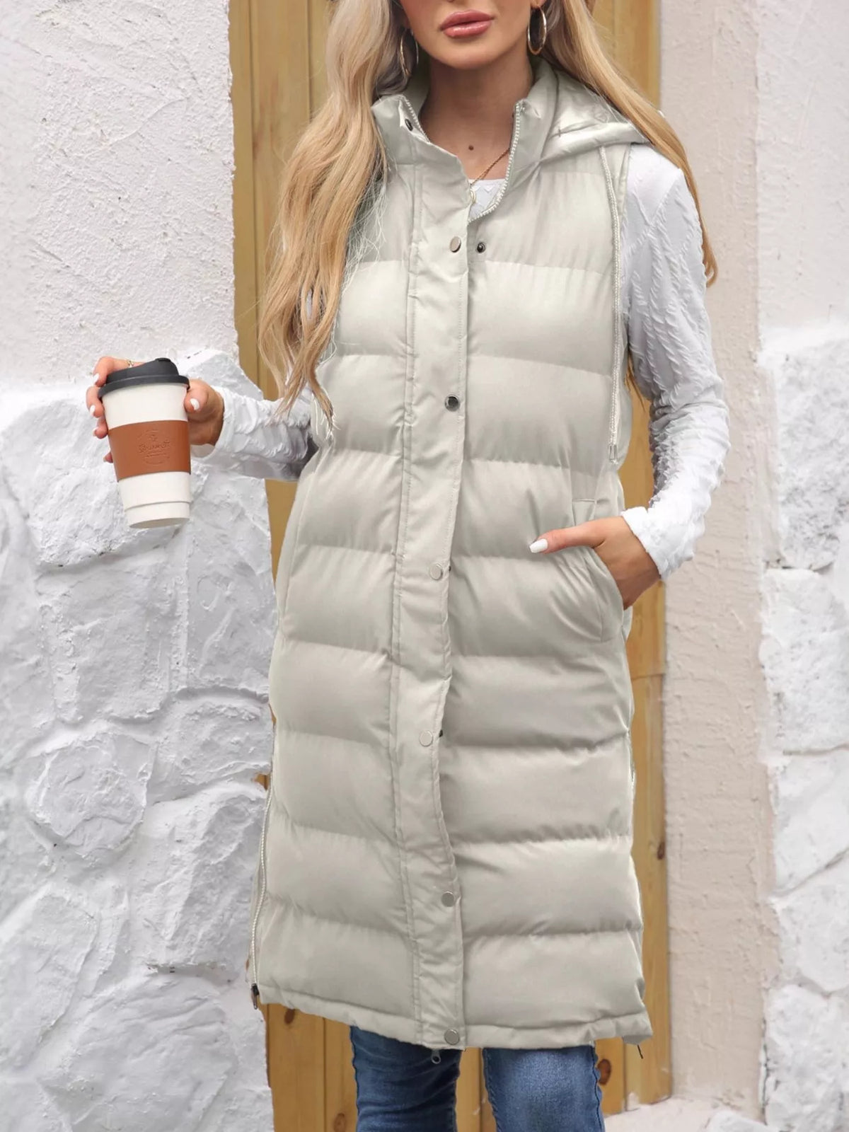 Full Size Snap Down Hooded Padded Longline Vest Coat Plus Size | STAHlin RADIANCE