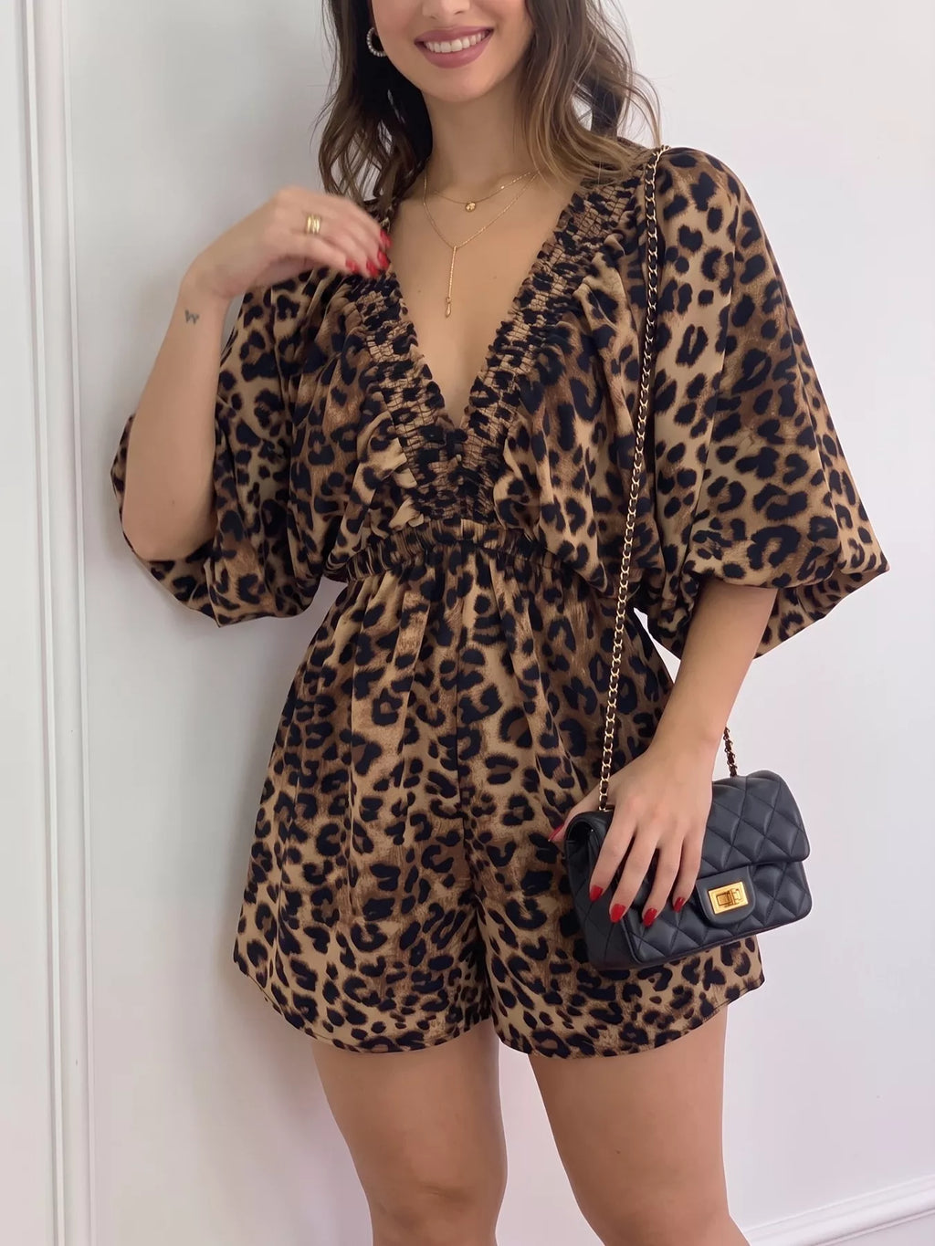 V-Neck Leopard Print Puff Sleeve Romper | STAHlin RADIANCE