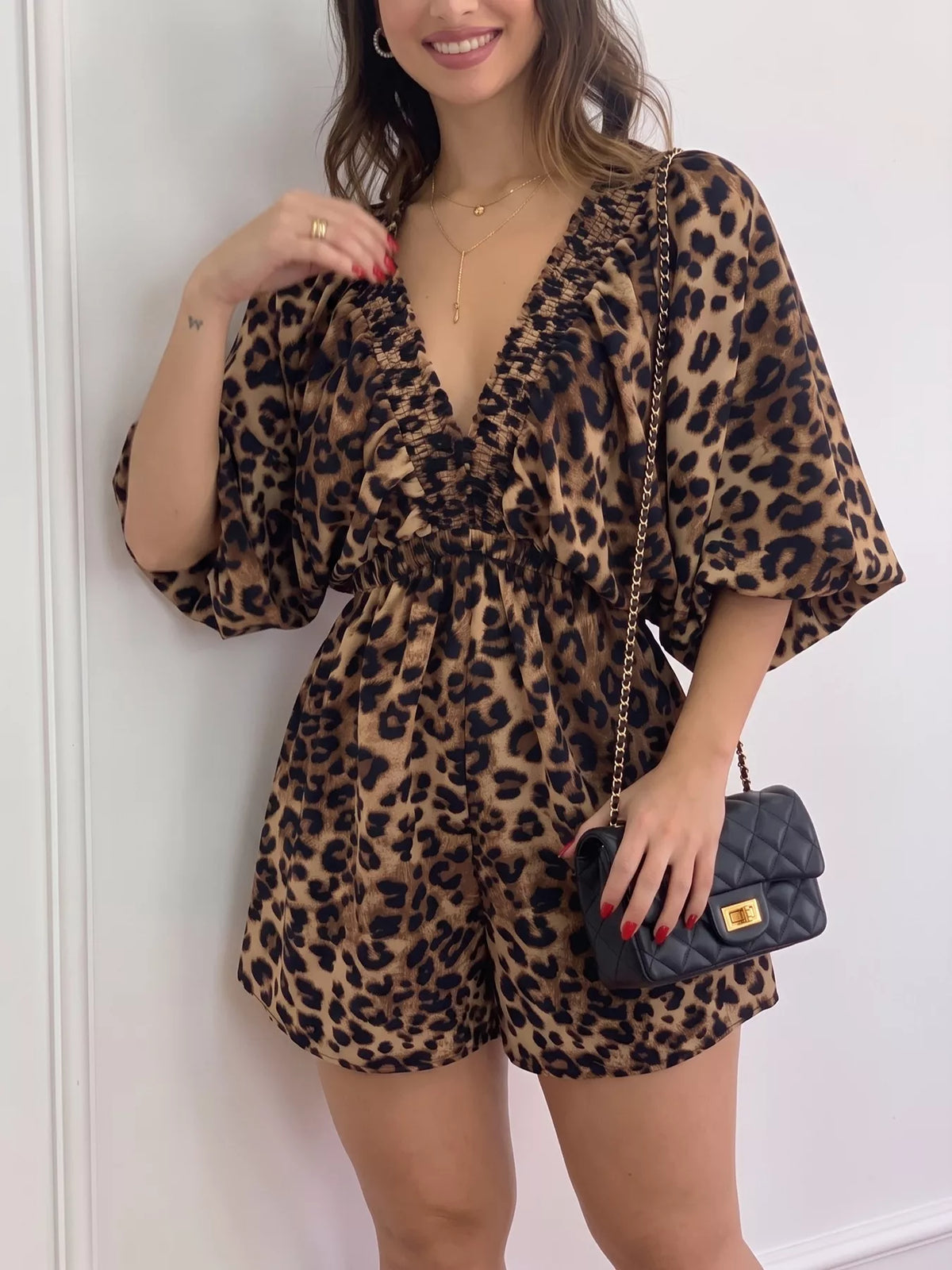 V-Neck Leopard Print Puff Sleeve Romper | STAHlin RADIANCE