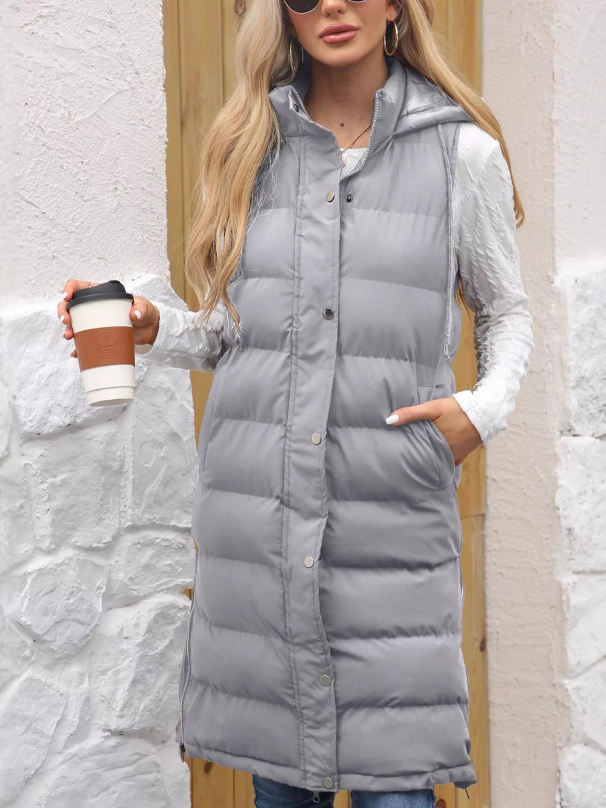Full Size Snap Down Hooded Padded Longline Vest Coat Plus Size | STAHlin RADIANCE
