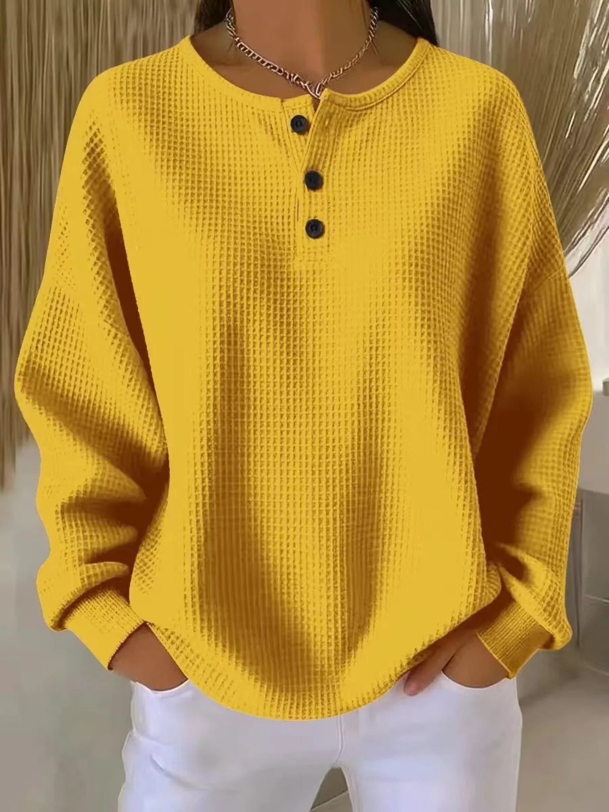 Full Size Waffle Knit Button Detail Top Plus Size | STAHlin RADIANCE