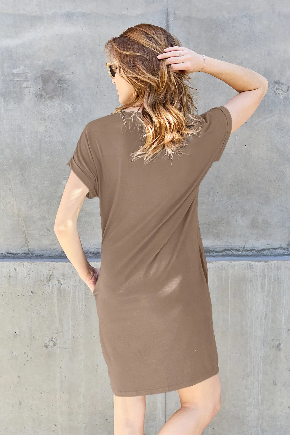 Basic Bae Full Size Solid Round Neck Short Sleeve Casual Loose Mini T-Shirt Dress with Side Pockets | STAHlin RADIANCE